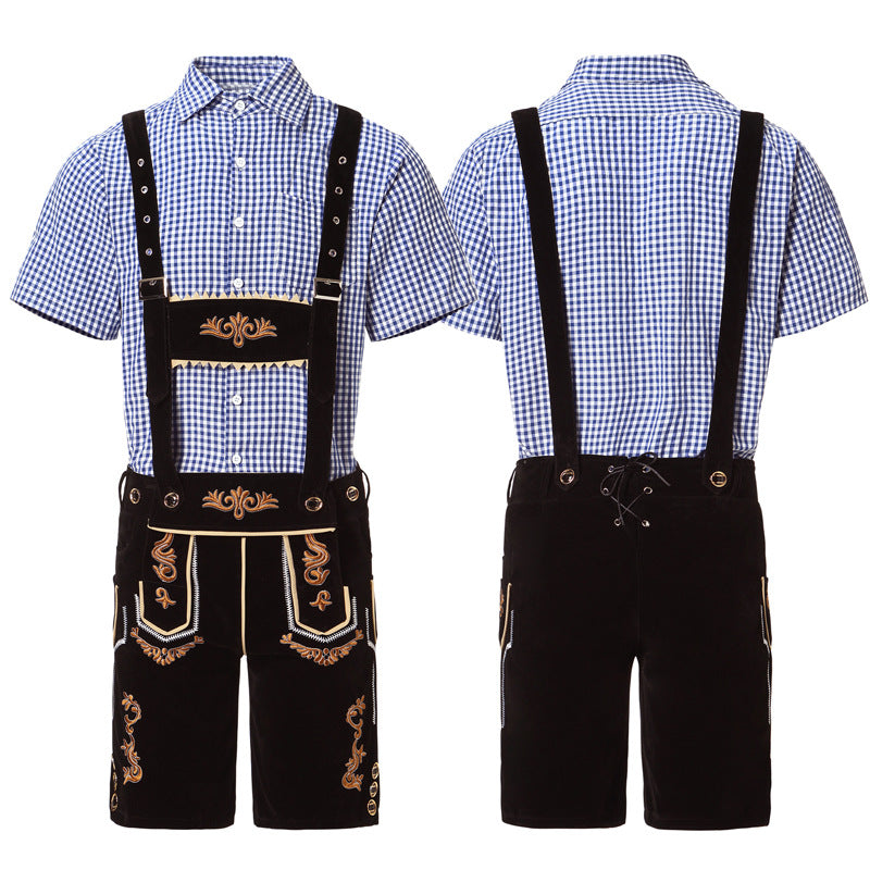 Men's traditional short leather trousers with elaborate embroidery and adjustable straps Mune Fashion