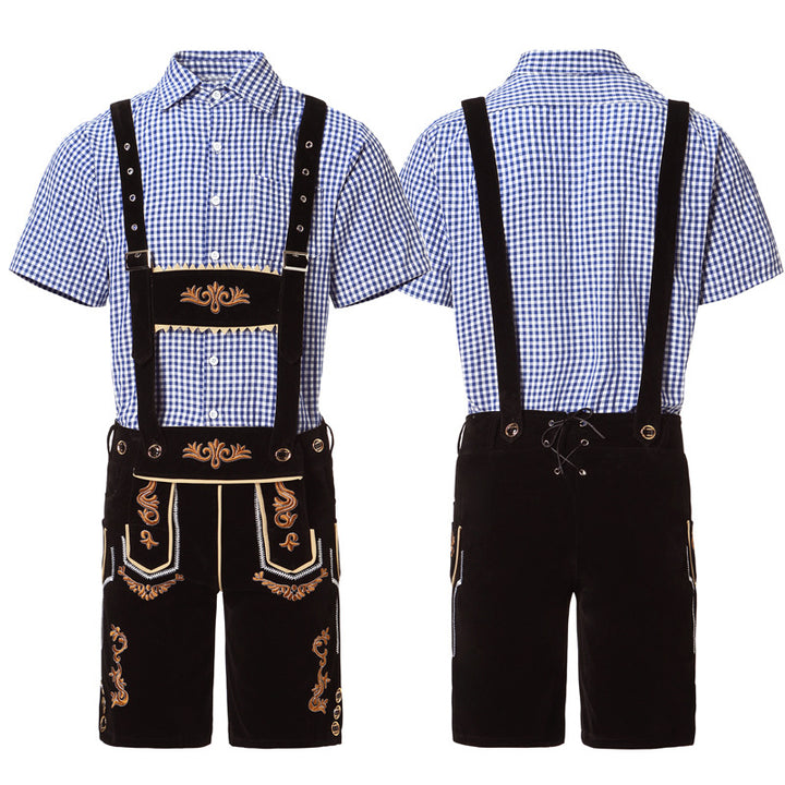 Men's traditional short leather trousers with elaborate embroidery and adjustable straps Mune Fashion