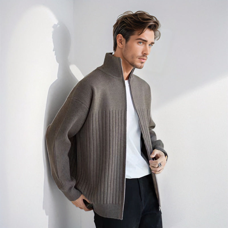 Men's Half-Zip Knit Sweater with High Stand Collar and Wide Rib Pattern Mune Fashion