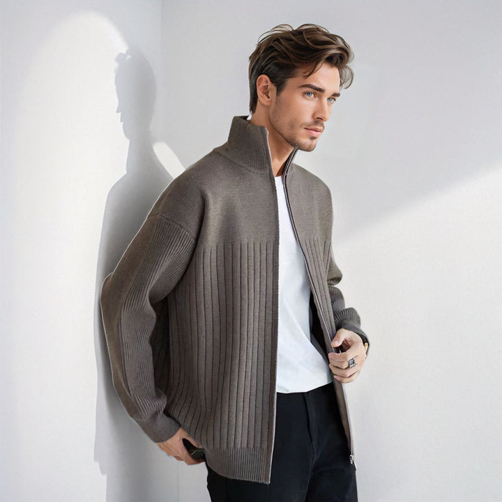 Men's Half-Zip Knit Sweater with High Stand Collar and Wide Rib Pattern Mune Fashion