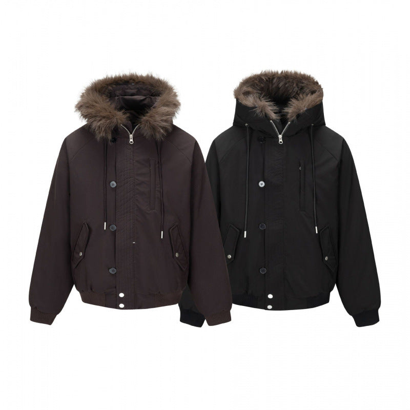 Men's short-cut thermo bomber jacket with detachable hood and faux fur collar Mune Fashion