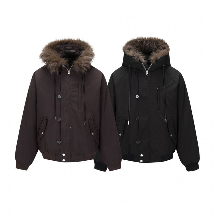 Men's short-cut thermo bomber jacket with detachable hood and faux fur collar Mune Fashion