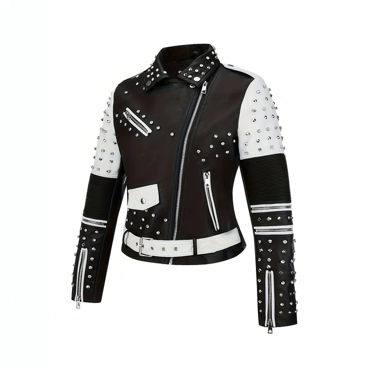 Women's Studded Biker Jacket made of Faux Leather with Waist Belt Mune Fashion