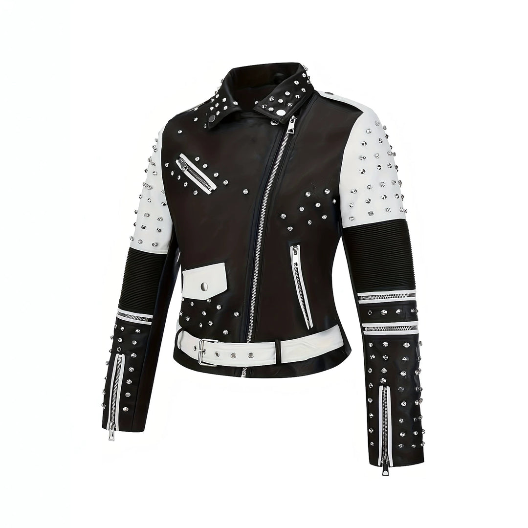Women Studded Contrasting Biker Jacket with Waist Belt Mune Fashion