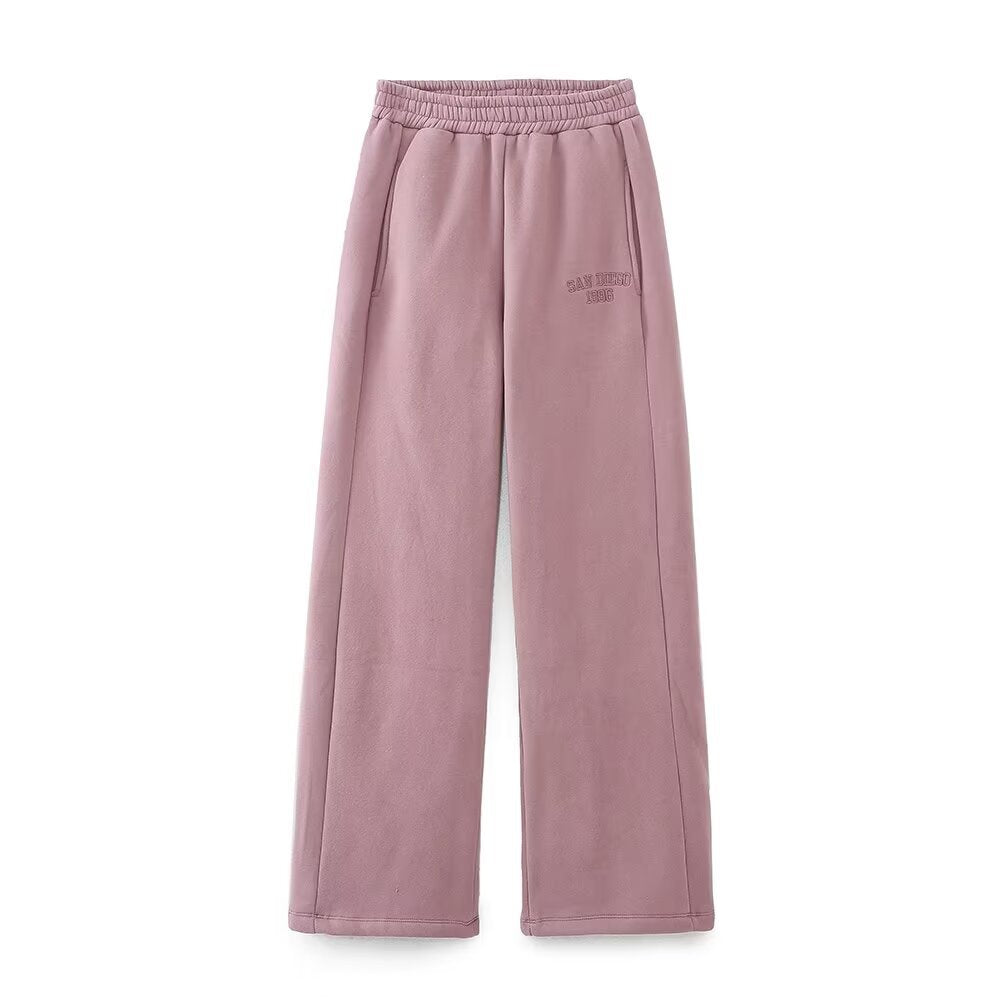 Women's Wide Fleece Jogging Pants with High Elastic Waistband, Side Pockets and Subtle Logo Embroidery Mune Fashion