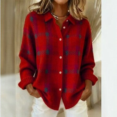 Women's Checked Knit Shirt Jacket Cardigan with Shirt Collar and Ribbed Cuffs Mune Fashion