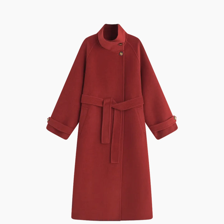 Women's long coat made of wool blend with standing collar and tie belt Mune Fashion
