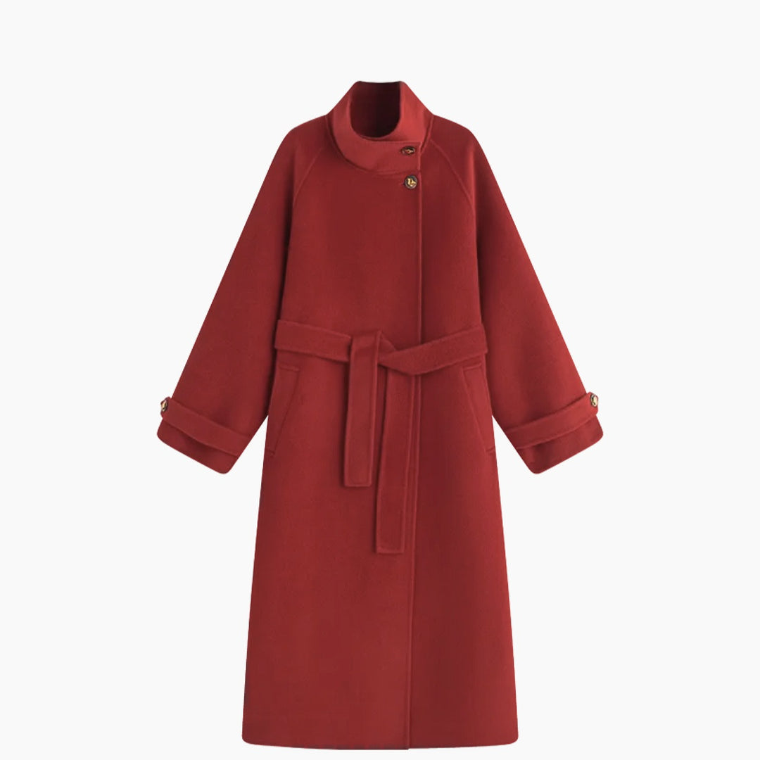 Women's wool coat with waist belt and stand-up collar Mune Fashion
