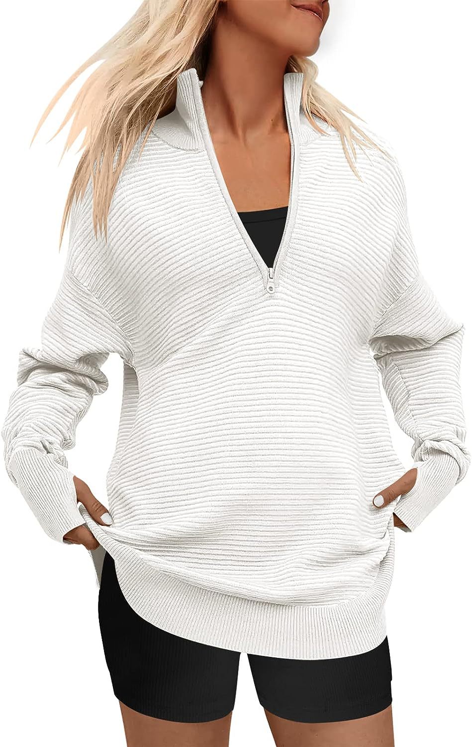 Ladies Oversized Fine Knit Sweater with Half Zipper, Stand Collar and Thumb Hole Sleeves Mune Fashion