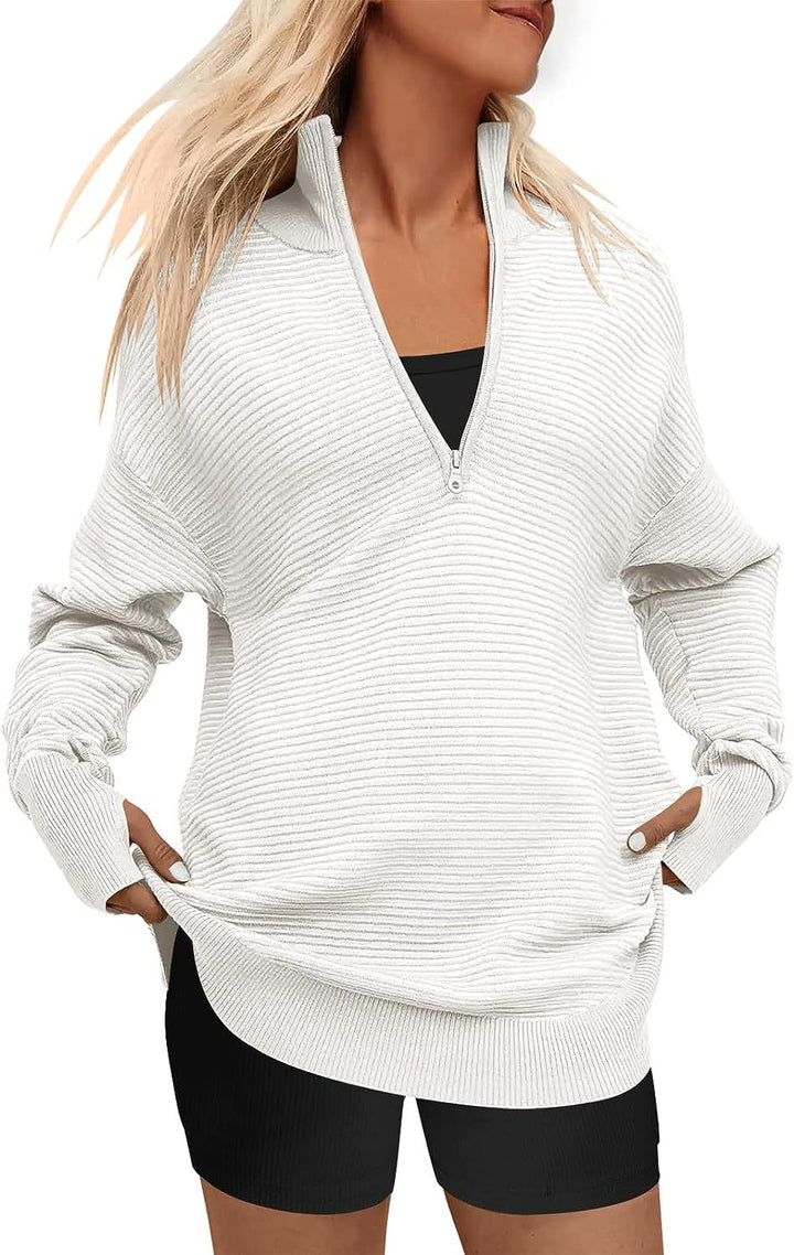 Ladies Oversized Fine Knit Sweater with Half Zipper, Stand Collar and Thumb Hole Sleeves Mune Fashion