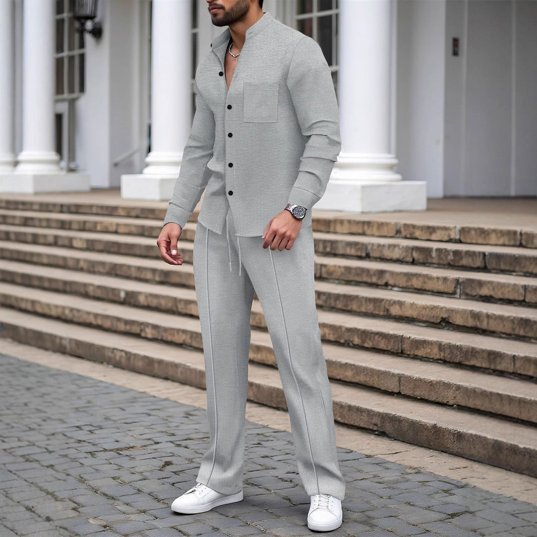 Men's Casual Shirt-Pant Lounge Set Made of Textured Cotton Blend Mune Fashion