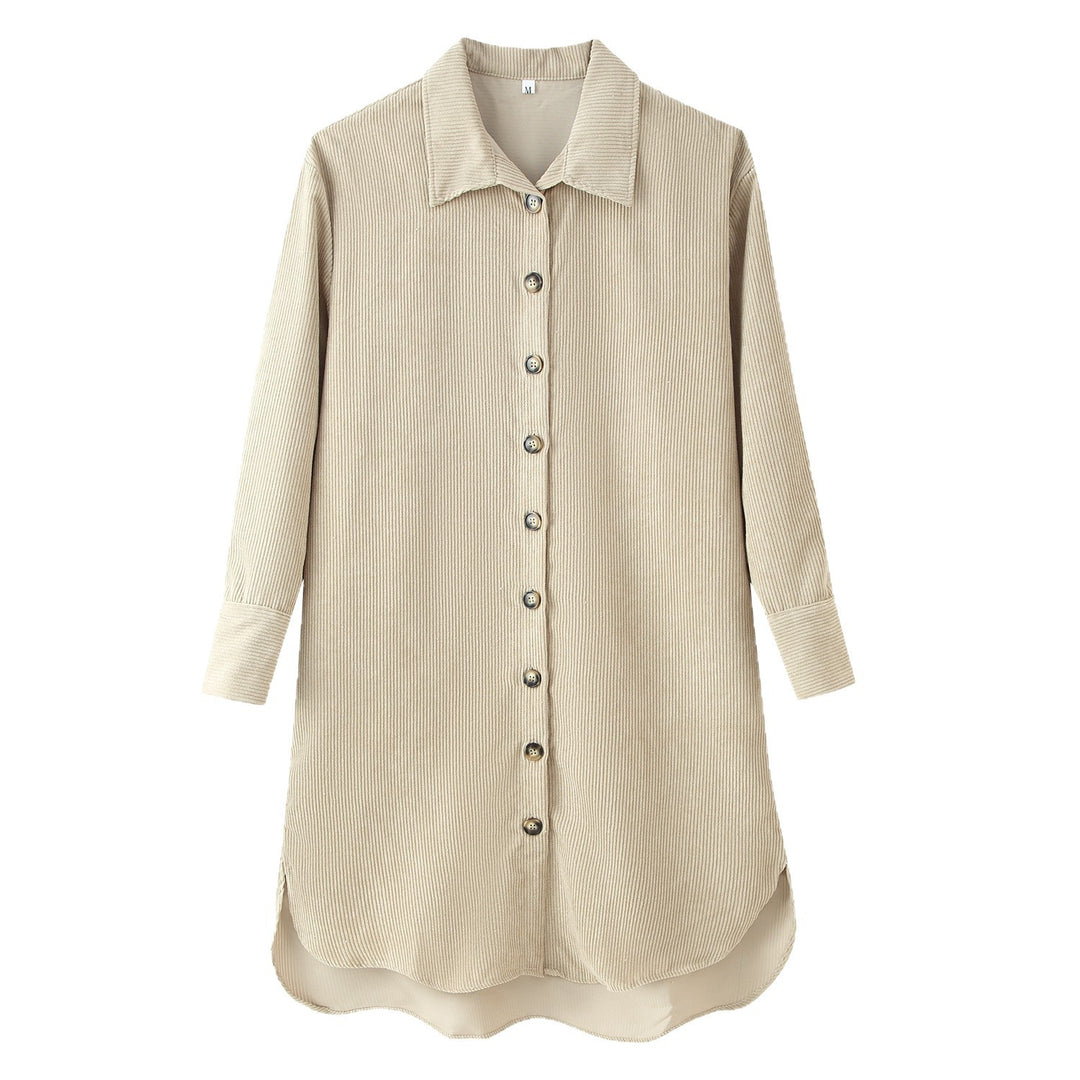 Women's Long Shirt Dress Made of Cord Rib with Continuous Button Placket, Shirt Collar, and Rounded Hem Mune Fashion