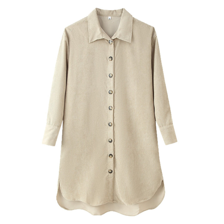 Women's Long Shirt Dress Made of Cord Rib with Continuous Button Placket, Shirt Collar, and Rounded Hem Mune Fashion