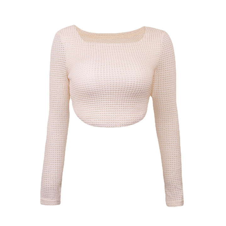 Women's Fitted Cropped Waffle Knit Top with Boat Neck Mune Fashion