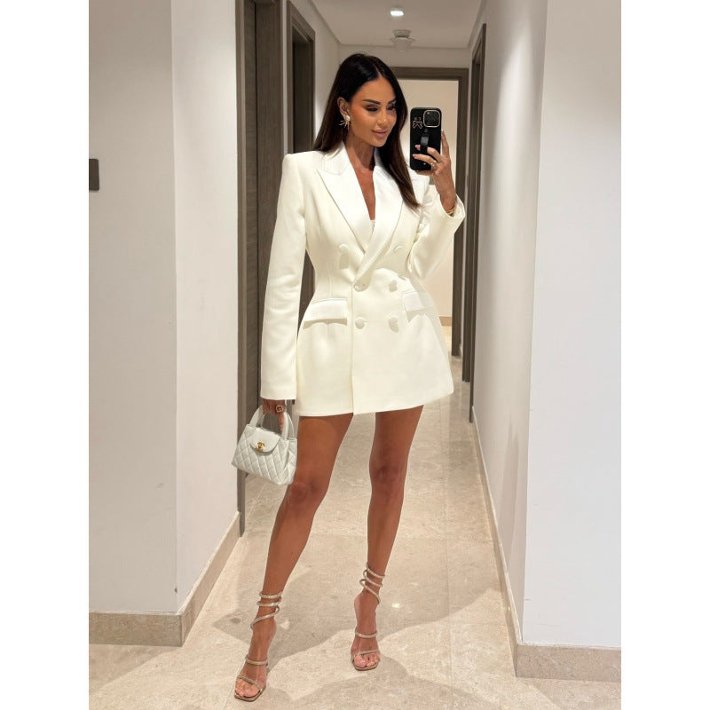 Women's Double-Breasted Blazer Dress with Tailored Silhouette and Structured Shoulders Mune Fashion
