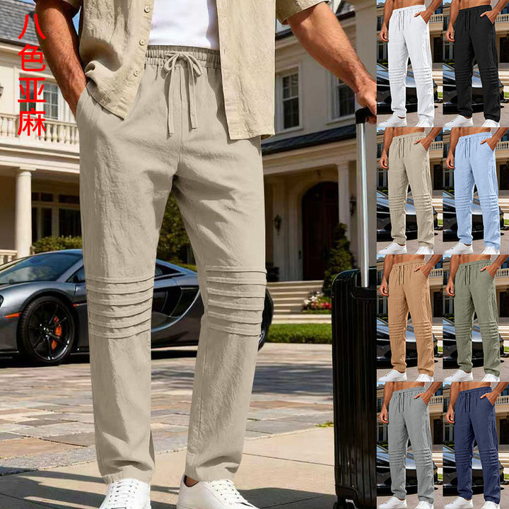 Men's Linen Look Lounge Pants with Drawstring Elastic Waistband and Quilted Knee Panels Mune Fashion