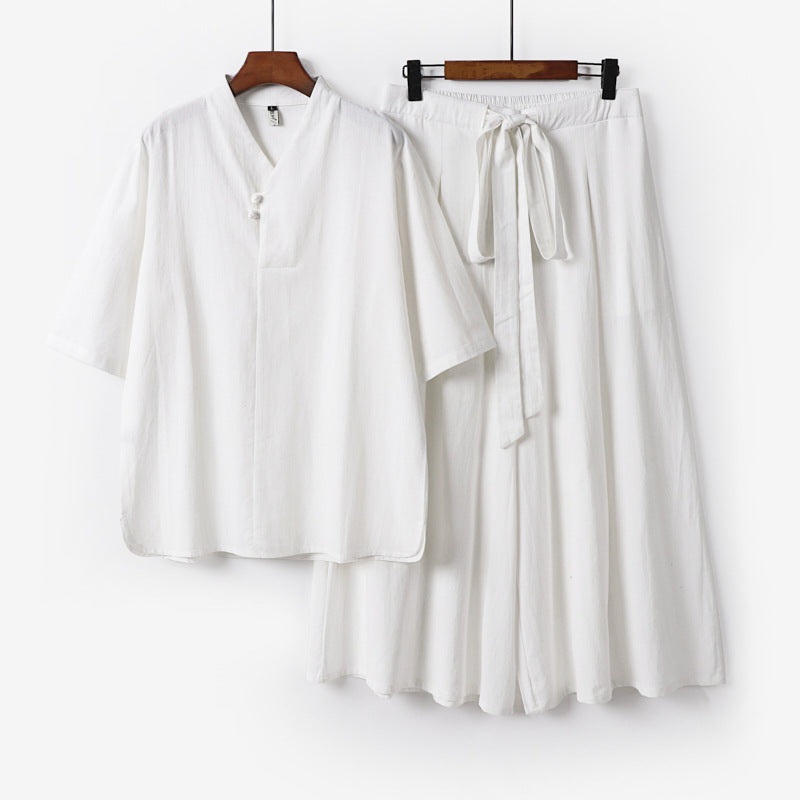 Unisex Two-Piece Kimono Lounge Set with Stand Collar Short Sleeve Top and Loose Tie Waist Pants Mune Fashion