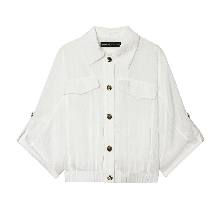 Women's boxy overshirt jacket waist short with 3/4 sleeves and gold buttons Mune Fashion