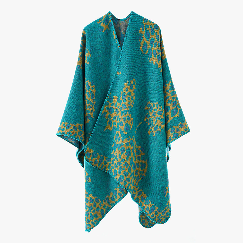 Women's wool look throw with woven leopard jacquard and open pointed edge Mune Fashion