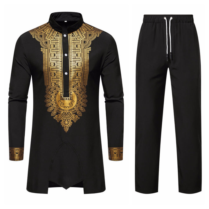 Men's Traditional Tunic Set with Stand-Up Collar and Gold Ornament Print, Long Shirt & Drawstring Pants Mune Fashion