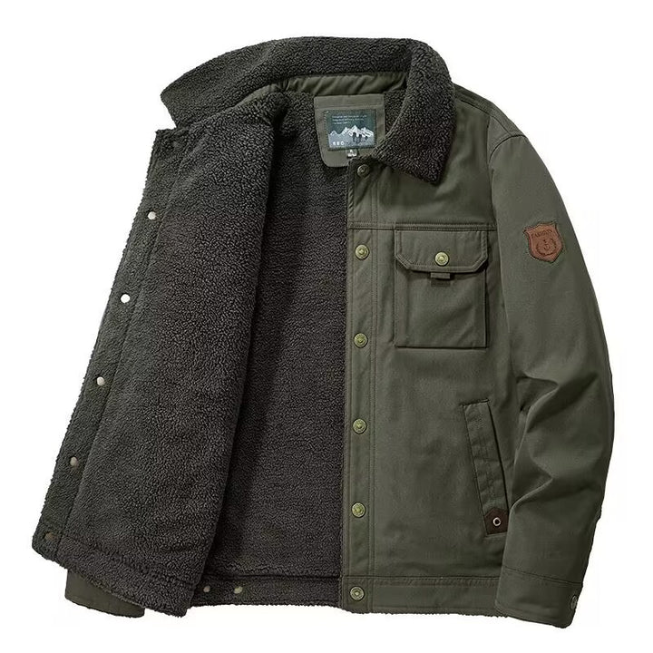 Men's Sherpa-lined canvas trucker jacket with thermal lining and chest pockets Mune Fashion