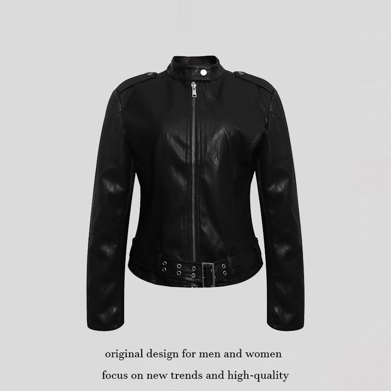Women's Fitted Leather-Look Jacket with Stand-Up Collar, Epaulettes, and Waist Belt Mune Fashion