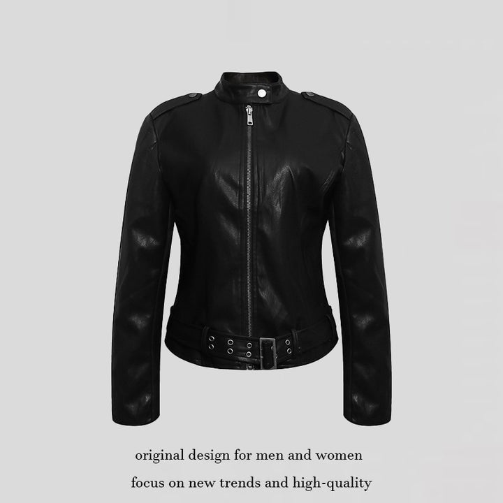 Women's Fitted Leather-Look Jacket with Stand-Up Collar, Epaulettes, and Waist Belt Mune Fashion