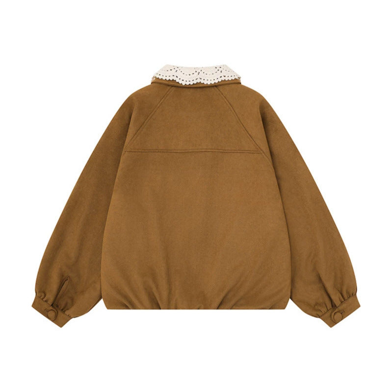 Women's Short Bomber Jacket with Crochet Collar and Ribbon Mune Fashion