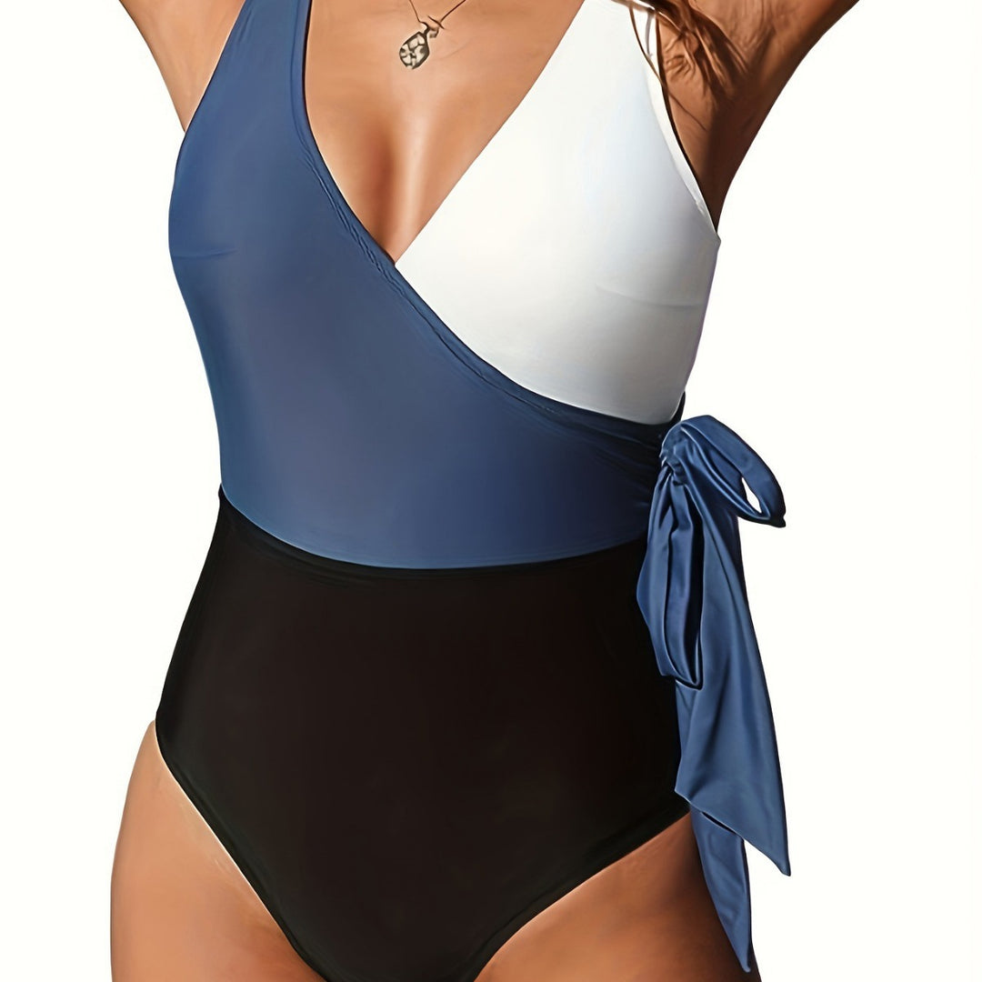 Women's One-Piece Swimsuit with Fashionable Wrap Design and Side Ties Mune Fashion