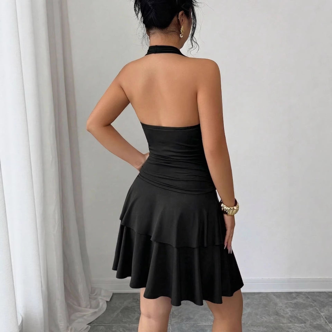 Ladies' halter mid dress with waterfall neckline, fitted gathering and tiered flounce skirt Mune Fashion
