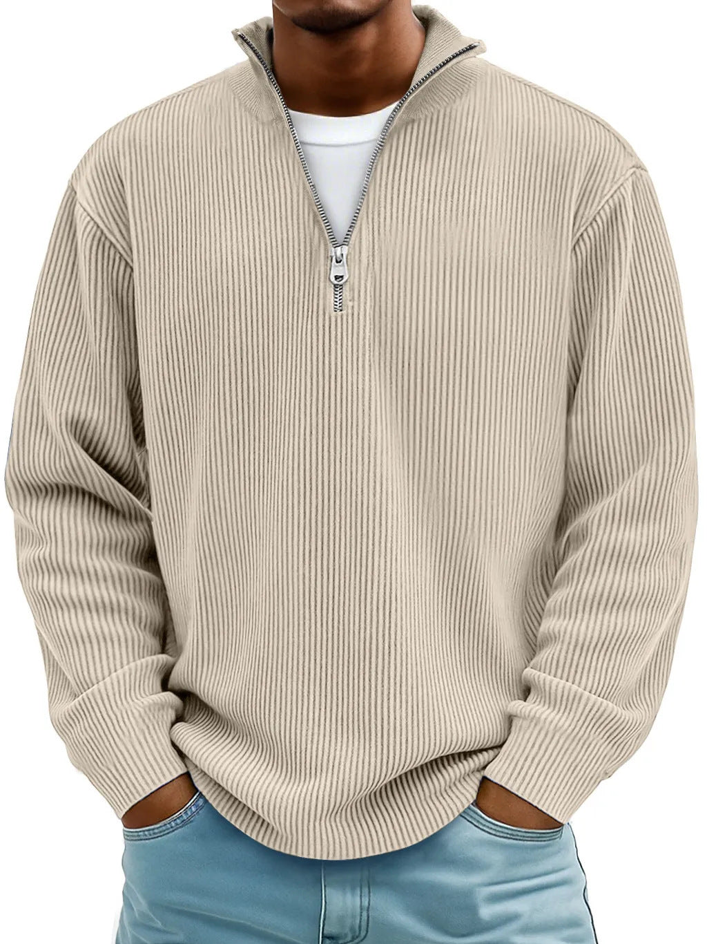 Men's ribbed knit pullover with half zipper and stand-up collar Mune Fashion