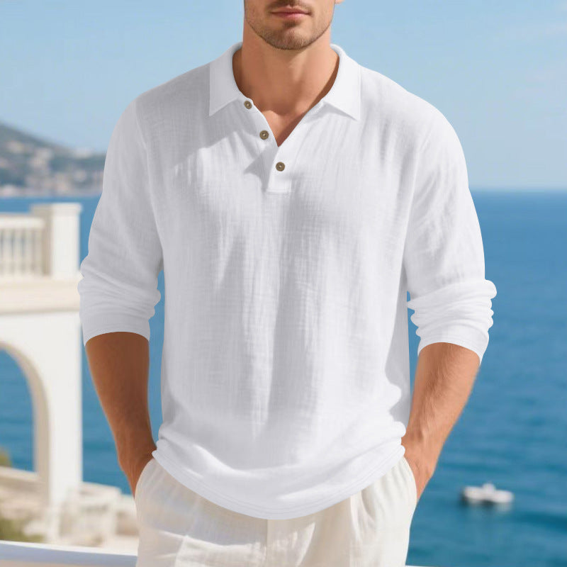 Men's Musselin Long Sleeve Polo Shirt with Collar, Short Button Placket and Natural Button Look Mune Fashion