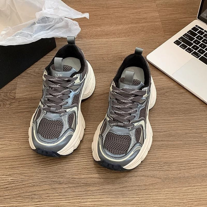 Women's Voluminous Chunky Sneakers with Breathable Mesh-PU Mix and Sculpted Wedge Sole Mune Fashion