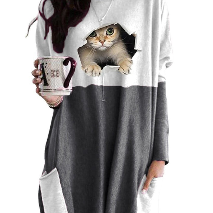 Women Longer Colorblock Knit Sweater with Cat Motif and Patch Pockets Mune Fashion