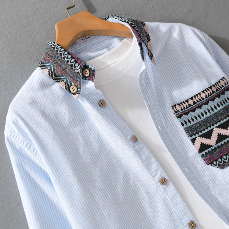 Men's Striped Cotton Shirt with Jacquard Collar and Pocket Trim Mune Fashion