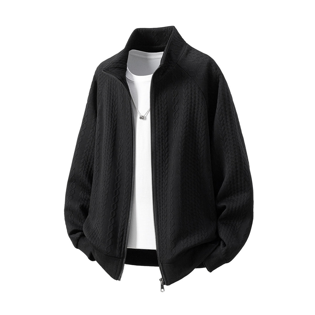 Men's Chunky Knit Zip Cardigan with Stand-Up Collar and Cable Pattern Mune Fashion