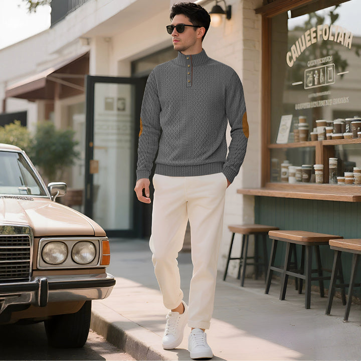 Men's noble button sweater in cable pattern with high stand-up collar and suede elbow patches Mune Fashion