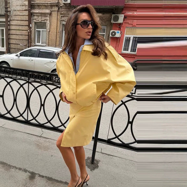 Women's Two-Piece Faux Leather Set with Cropped Bomber Jacket and Fitted Pencil Skirt Mune Fashion
