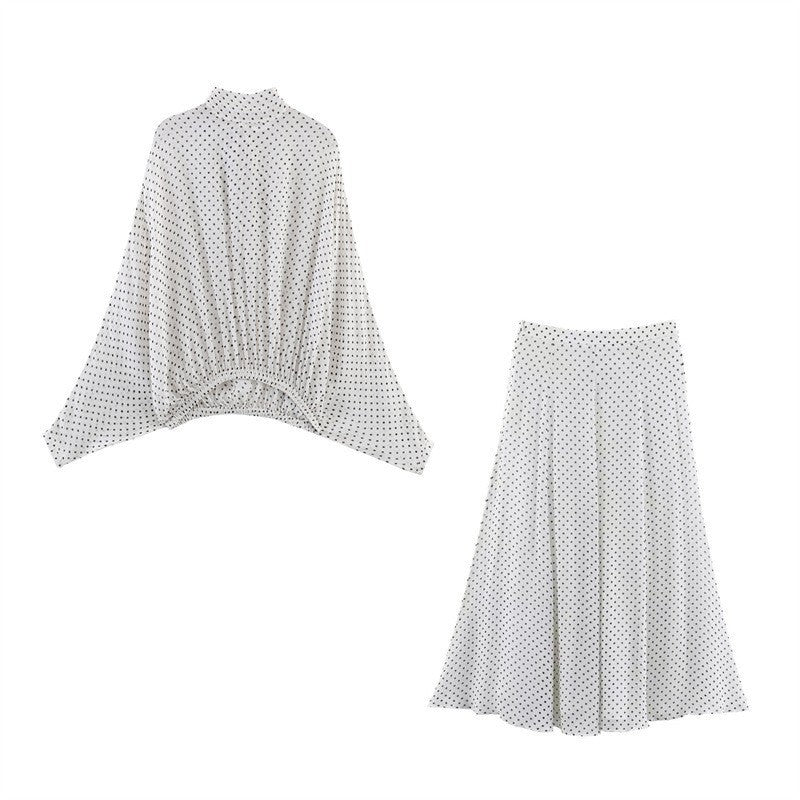 Women's Two-Piece Retro Polka Dot Set with Wide Batwing Top and Pleated Midi Skirt Mune Fashion