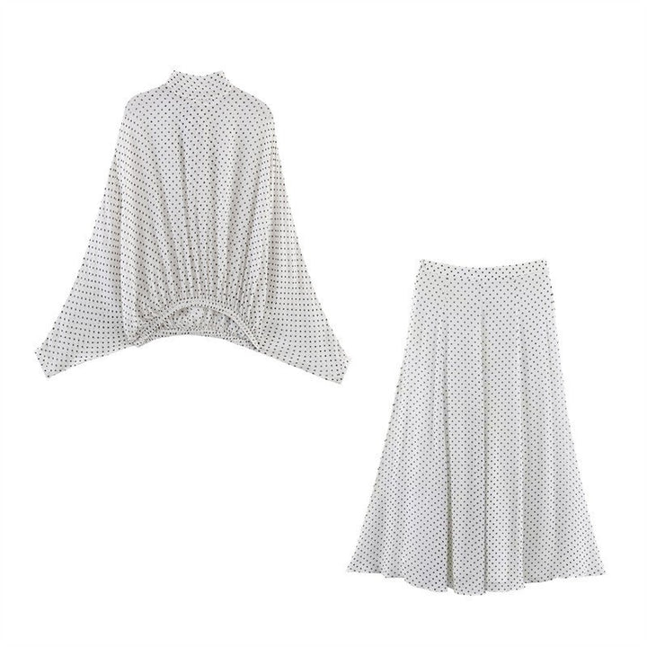 Women's Two-Piece Retro Polka Dot Set with Wide Batwing Top and Pleated Midi Skirt Mune Fashion