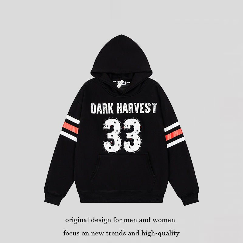 Women's oversized hoodie with vintage number print, studded detailing, and contrast stripes on the sleeves Mune Fashion