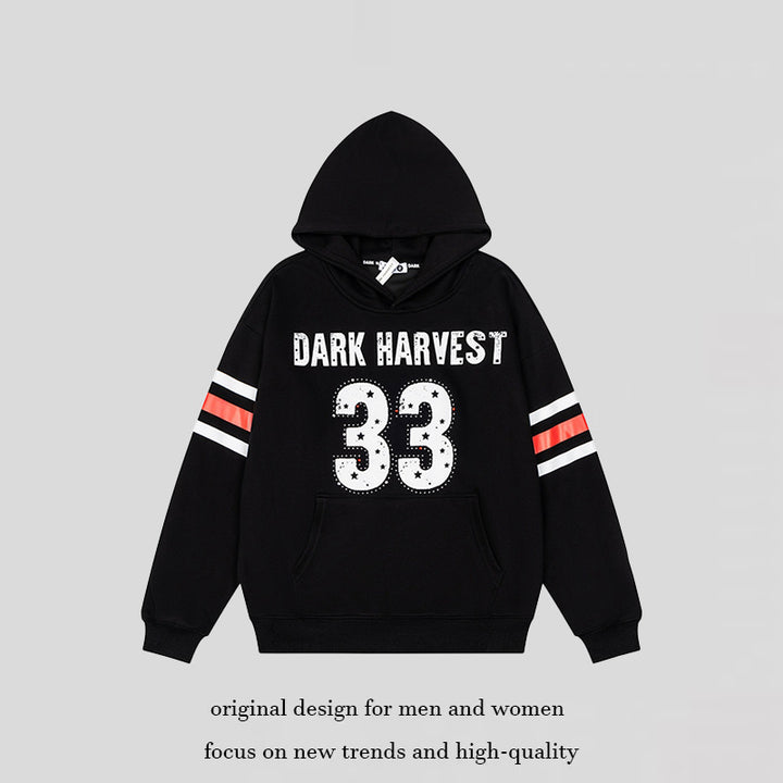 Women's oversized hoodie with vintage number print, studded detailing, and contrast stripes on the sleeves Mune Fashion