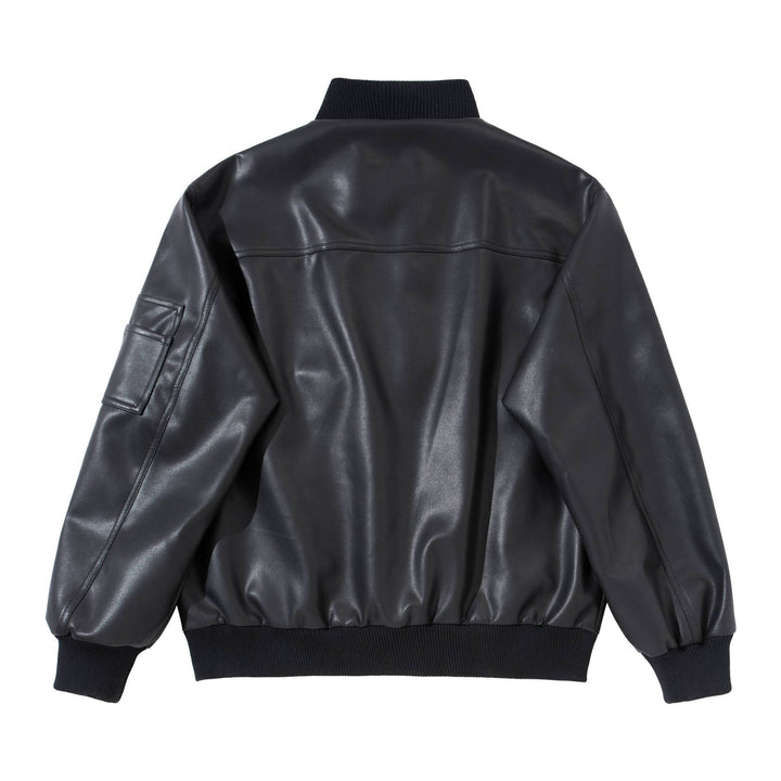 Men's faux leather bomber jacket in boxy cut with high ribbed collar and sleeve utility pocket Mune Fashion