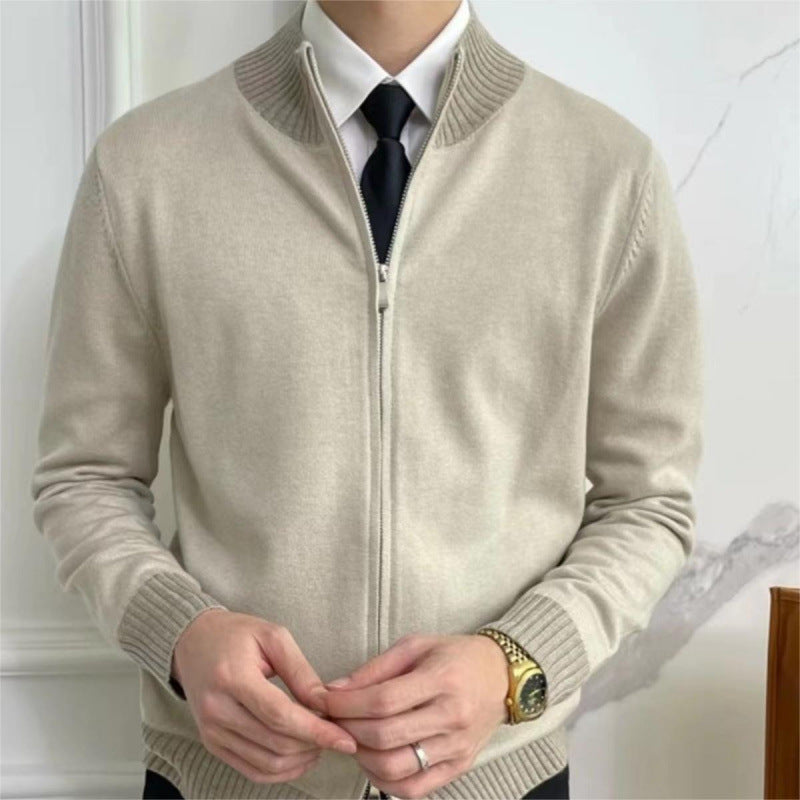 Men's zip fine knit cardigan with standing collar and ribbed hem Mune Fashion