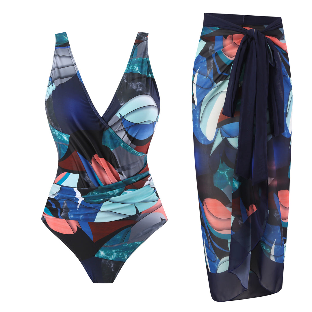Women's swim set with floral wrap skirt and one-piece Mune Fashion