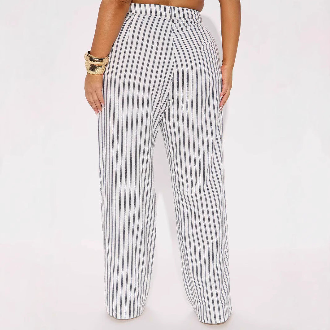 Women's linen look palazzo pants with high waist and vertical stripes Mune Fashion