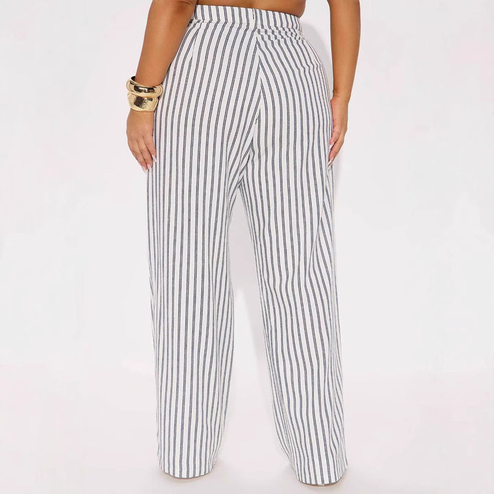 Women's linen look palazzo pants with high waist and vertical stripes Mune Fashion