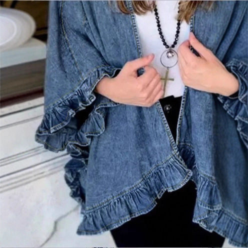 Women Oversized Jeans Kimono with Ruffle Edge and Open Fall Mune Fashion