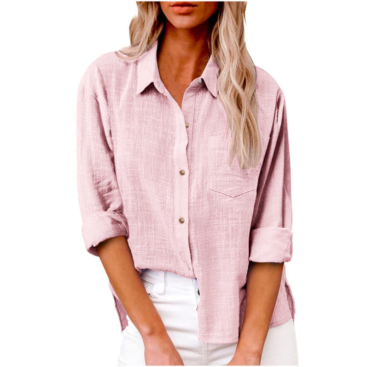 Women's oversized linen-cotton blend shirt blouse with breast pocket and roll-up sleeves Mune Fashion