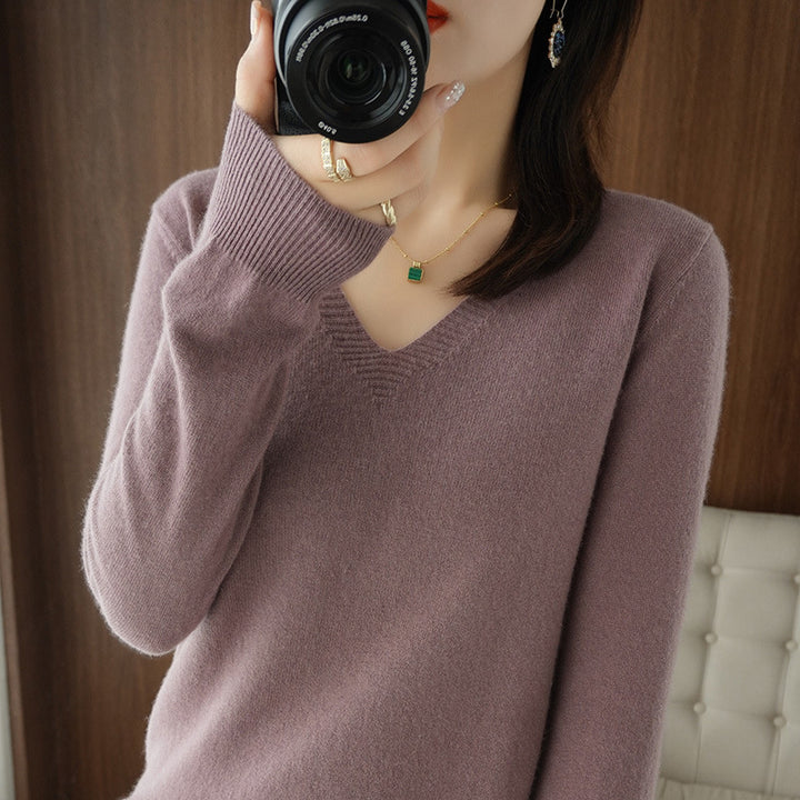 Women Soft V-Neck Cashmere Blend Sweater with Fine Ribbed Cuffs Mune Fashion